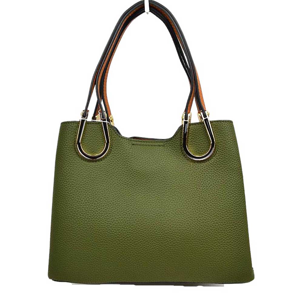 Blush Textured Faux Leather Horseshoe Handle Women's Tote Bag, featuring an eye-catching textured faux leather exterior and a horseshoe-shaped handle. The bag has a spacious interior, perfect for days when you need to carry a lot of items. Its structure and design ensure that your items will stay secure even on the go.