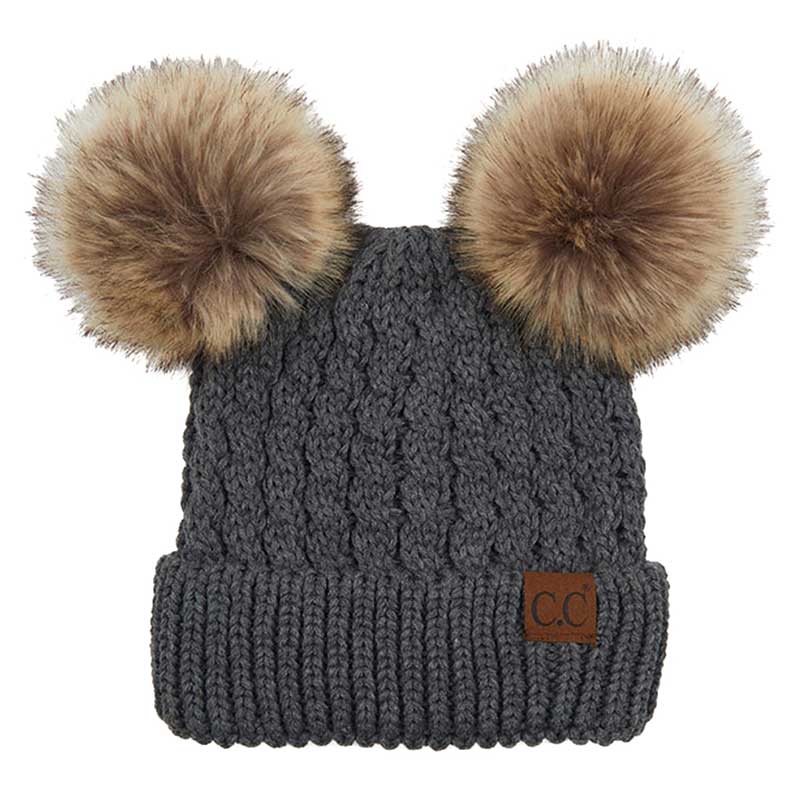 Dark Grey C.C Double Pom Pom All Over Cable Knit Beanie Hat., Stay warm and cozy this winter. Expertly crafted from a premium cable knit fabric, this stylish beanie provides maximum insulation and breathability. Two pom poms on top add a touch of flair to your look. Perfect for chilly winter days, this is an ideal winter gift. 