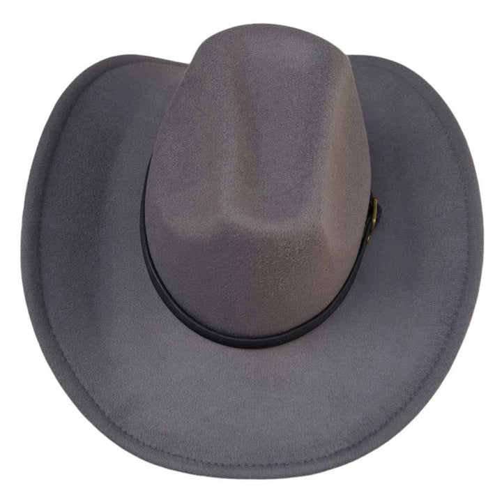 Dark-Grey-Faux Leather Belt Pointed Western Cowboy Fedora Hat, Made with high-quality faux leather, this fedora hat features a pointed design and a belt for added style. Perfect for any occasion, it's the perfect accessory for any fashion-savvy individual. Upgrade your look with this must-have hat.