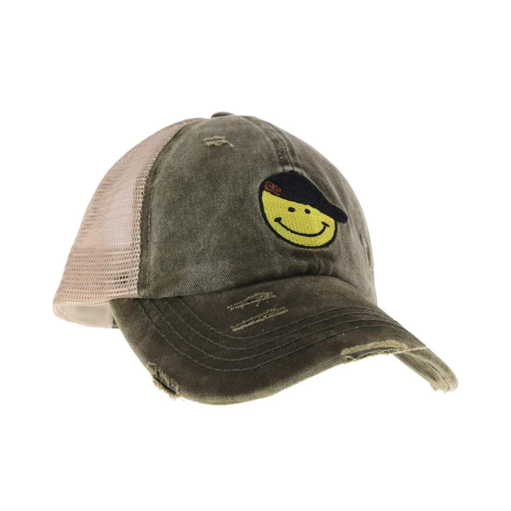 Dark-Olive C.C Smiley Face Embroidered Criss Cross High Pony C.C Ball Cap combines practical design with playful style. Featuring an embroidered smiley face and a criss-cross opening at the back, this cap is tailored to comfortably fit high ponytails. Made from durable, breathable fabric, it ensures a secure fit and all-day comfort, making it an excellent choice for active lifestyles or casual wear. This cap offers a smart solution for those who want to keep their hair up without sacrificing style. 