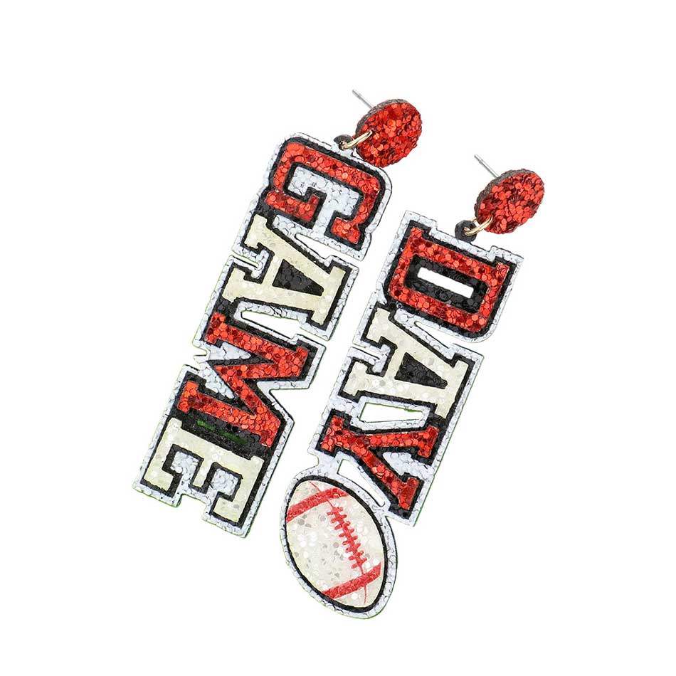 Dark Orange Game Day Message Football Bling Dangle Earrings, feature a sparkling crystal football and message charms with a metallic finish. Show your team spirit with these whimsical earrings. The perfect accessory for the biggest game days and the perfect gift for sports lovers. 
