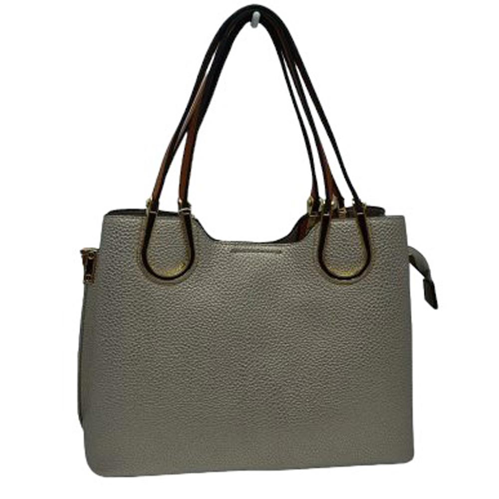 Dark Silver Textured Faux Leather Horseshoe Handle Women's Tote Bag, featuring an eye-catching textured faux leather exterior and a horseshoe-shaped handle. The bag has a spacious interior, perfect for days when you need to carry a lot of items. Its structure and design ensure that your items will stay secure even on the go.