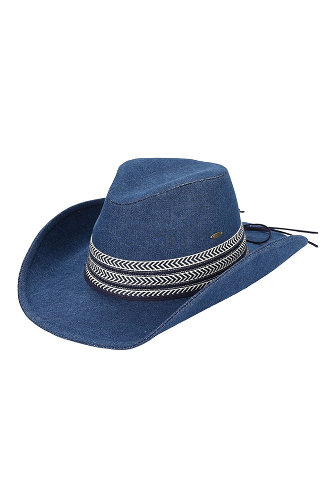 Dark Denim C.C Denim Cowboy Hat With Geometric Trim Bands features stylish geometric trim bands. The durable denim material offers protection from the sun, while the unique geometric design adds a touch of individuality to any outfit. Perfect for adding a touch of western charm to any wardrobe.