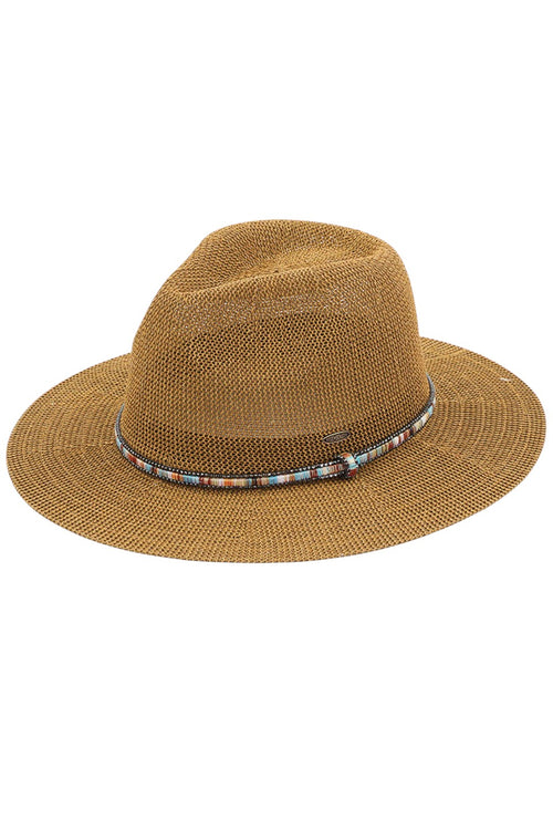 C.C Women's Multi Thread Rhinestone Trim Band Panama Hat - Dark Natural