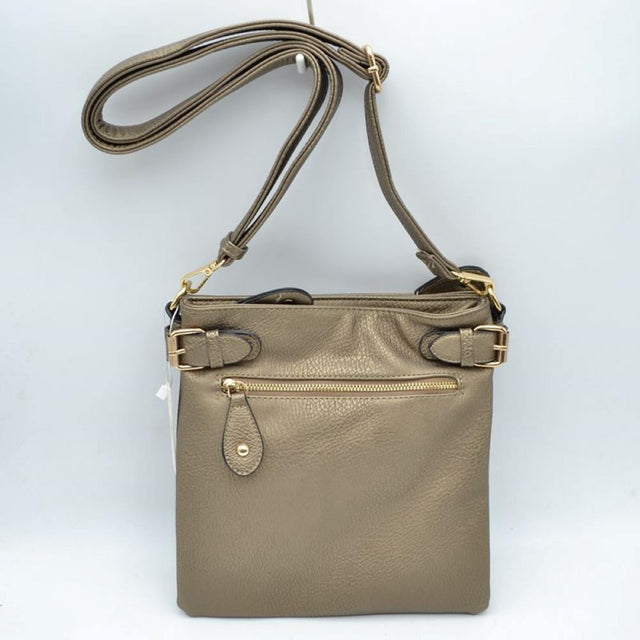 Dark silver This stylish crossbody bag features a textured pebbled finish and a slim rectangular silhouette, making it ideal for organized daily essentials. Designed with functional exterior storage, it includes a front zippered pocket with a teardrop tab pull, complemented by decorative metallic side buckle accents along the top edge. A long, adjustable shoulder strap connects with metallic clasps to offer comfortable, hands-free carrying options.