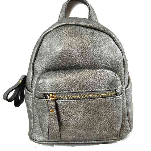 Dark Silve This stylish mini backpack features a compact dome silhouette with a textured finish, ideal for keeping your daily essentials organized on the go. It is designed with a spacious main compartment and a front pouch pocket, both secured by metallic zippers equipped with extended faux leather pull tabs. A top grab handle and side slip pockets add functional convenience, while dual back straps provide comfortable hands-free carrying.