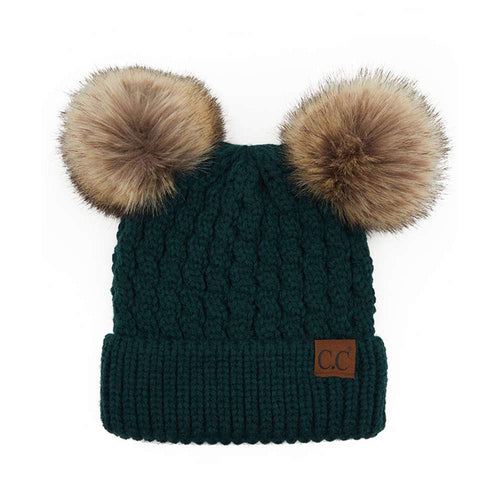 C.C Women's Double Pom All Over Cable Knit Beanie - Deep Pine