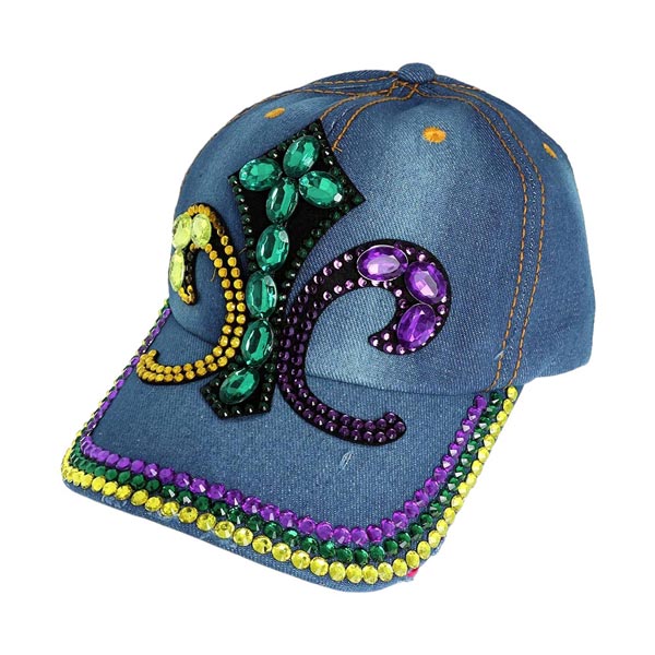Purple  Bling Studded Mardi Gras Fleur de Lis Baseball Cap is the perfect accessory for adding some extra flair to your Mardi Gras outfit. With its striking fleur de lis design and sparkling studs, this cap will make you stand out in the crowd. A must-have for any Mardi Gras celebration!