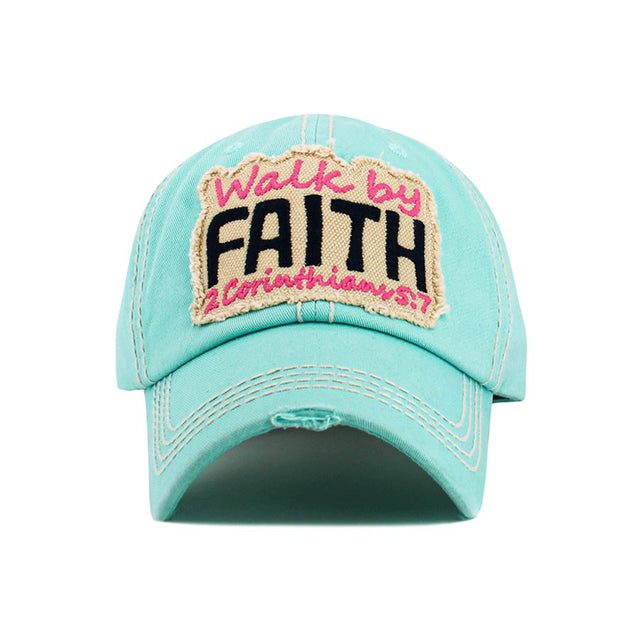 Make a statement with the WALK BY FAITH Washed Vintage Baseball Cap, featuring a timeless distressed look and meaningful message. Soft, broken-in feel with an adjustable fit for everyday wear.