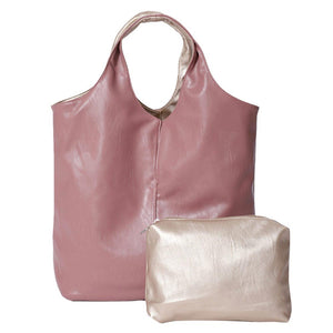 Dust Pink  2PCS Reversible Metallic Tote and Pouch Bags, offers an all-around stylish and practical way to carry your essentials. Each piece features a zipper closure for secure storage and easy access. The versatile design means you can reverse the bag and create a whole new look! Ideal for everyday use and as a functional gift.