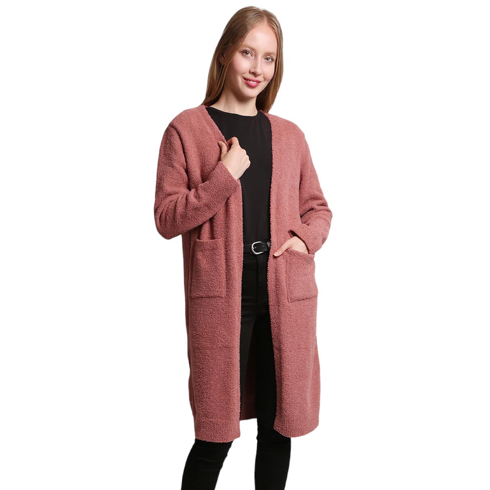 Dust Pink Solid Front Pockets Long Cardigan, delicate, warm, on-trend & fabulous, a luxe addition to any cold-weather ensemble. Great for daily wear in the cold winter to protect you against the infinity-style amps up the glamour with a plush. Perfect Gift for wife, mom, birthday, holiday, etc.