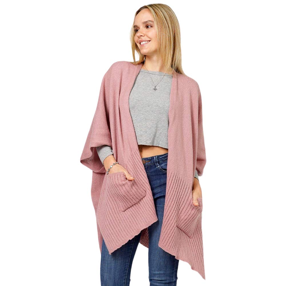 Dust Pink Solid Knit Front Pockets Vest Poncho, With the latest trend in ladies' outfit cover-up! the high-quality knit poncho is soft, comfortable, and warm but lightweight. It's perfect for your daily, casual, party, evening, vacation, and other special events outfits. A fantastic gift for your friends or family.