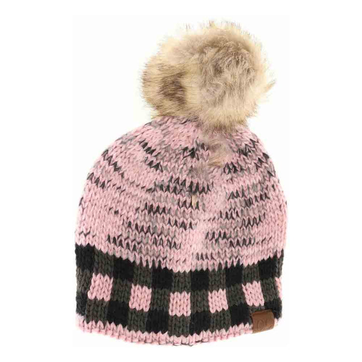 DustyRose Buffalo Check Mixed Print Fur Pom C.C Beanie combines timeless style with modern detail for superior winter wear. Crafted with a mix of classic buffalo check and complementary prints, this beanie offers visual depth and versatility. The plush faux fur pom adds both warmth and a refined finishing touch. Made with a soft, stretchable knit, it ensures a snug, comfortable fit that effectively shields against chilly conditions. Ideal for those seeking a blend of traditional patterns and contemporary co