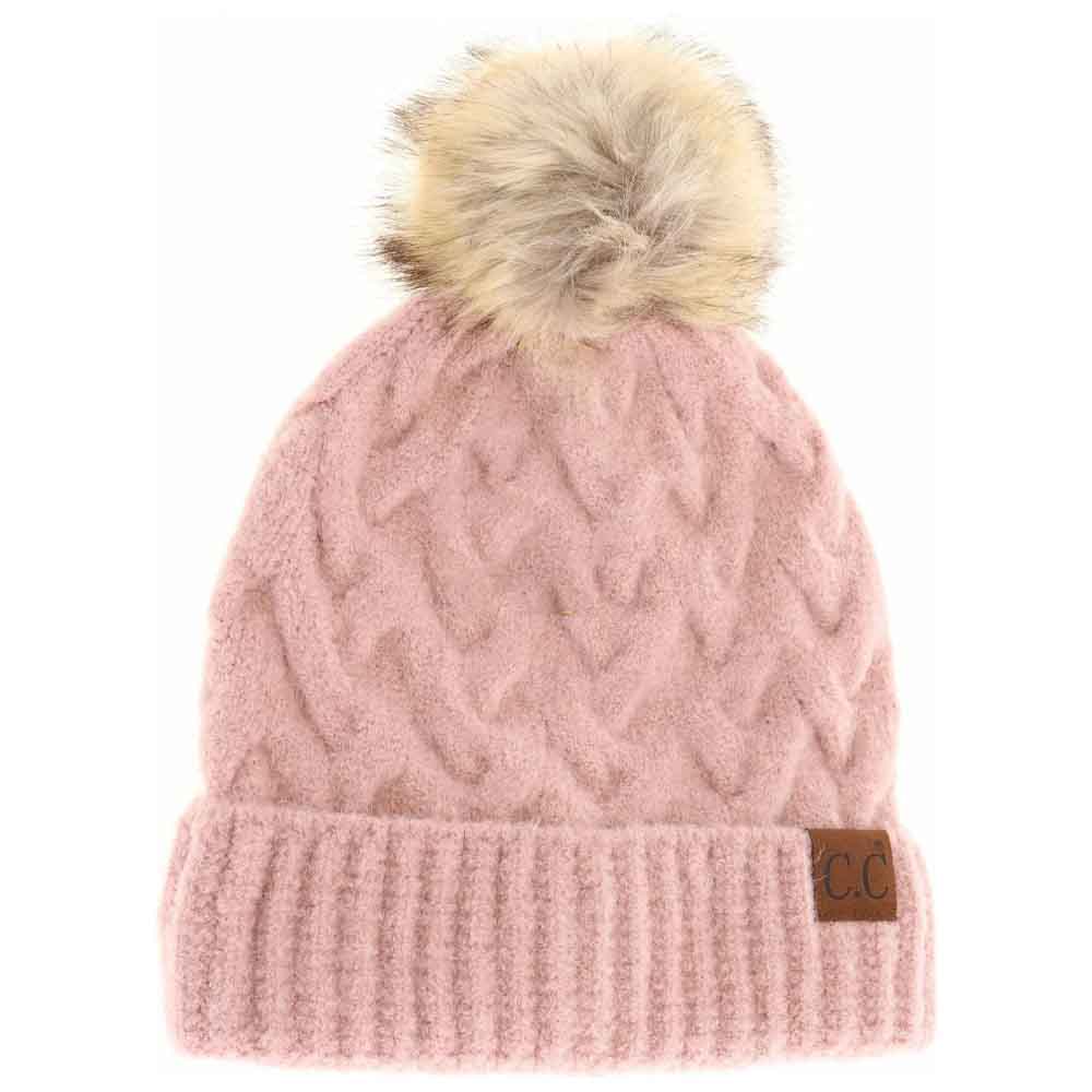 Chunky Braided Cable Knit Fur Pom C.c Beanie – Madeline Love display picture 1