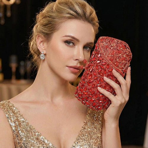 Floral Leaf Crystal Frame Evening Clutch Shoulder Bag - Red