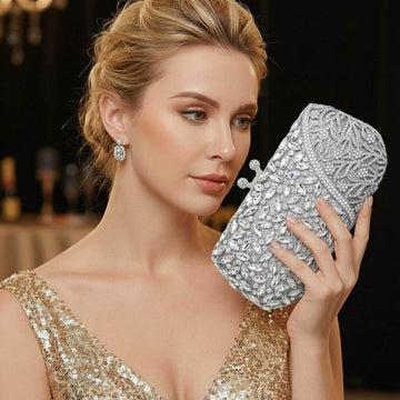 Madeline Love Silver Floral Leaf Crystal Frame Evening Clutch Shoulder Bag - Bags & Wallets