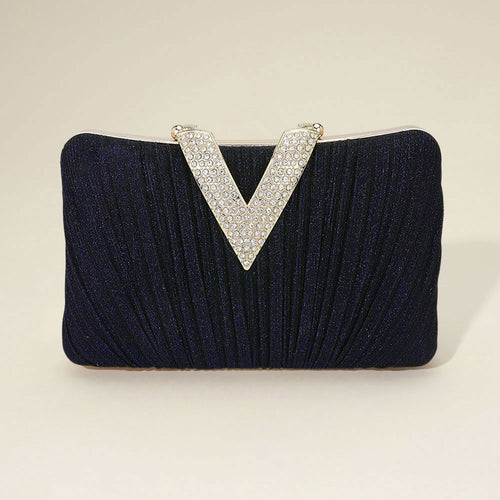 Sparkle Fabric Stone Paved V Fold Evening Clutch Crossbody Bag - Purple