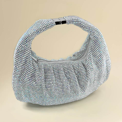 Rhinestone Bling Studded Slouch Hobo Evening Crossbody Bag - AB