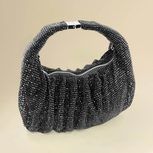Rhinestone Bling Studded Slouch Hobo Evening Crossbody Bag - Black