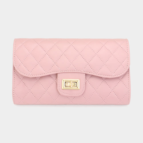 Quilted Flap Evening Clutch Bag / Crossbody Bag - Pink