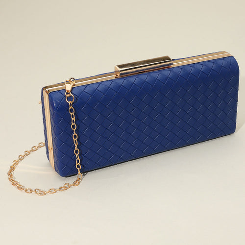 Faux Leather Basket Weave Clutch Evening Bag / Crossbody Bag - Navy