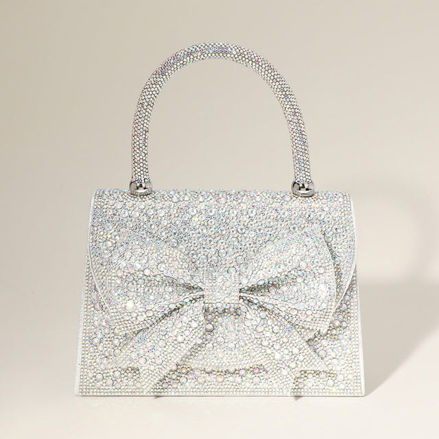 Madeline Love AB, Silver Bling Studded Bow Accented Top Handle Evening Hand Bag / Crossbody Bag - Bags & Wallets