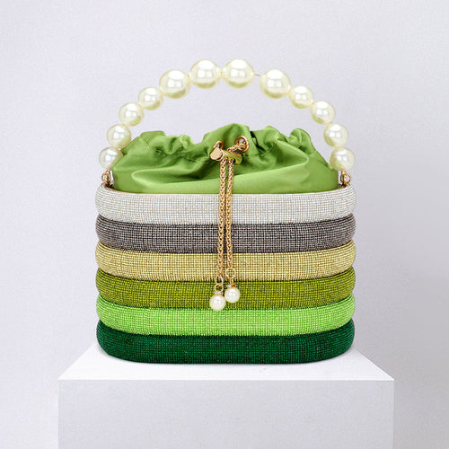 Bling Pearl Top Handle Drawstring Box Crossbody Bag - Silver