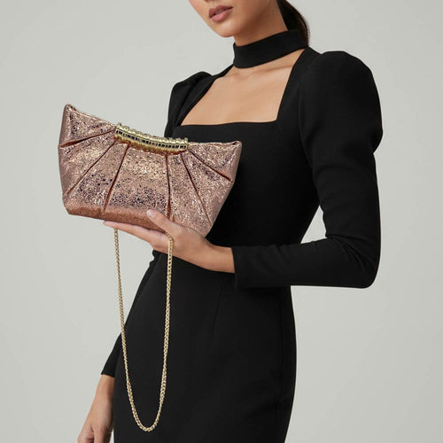 Pleated Metallic Sparkle Evening Clutch Crossbody Bag - Champagne