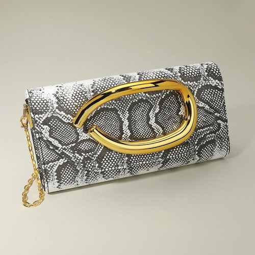Bold Hardware Accent Snake Pattern Faux Leather Evening Clutch Bag Crossbody Bag - Snake, White