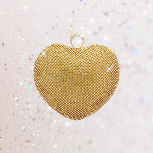 Rhinestone Embellished Heart Evening Clutch Crossbody Bag - Gold