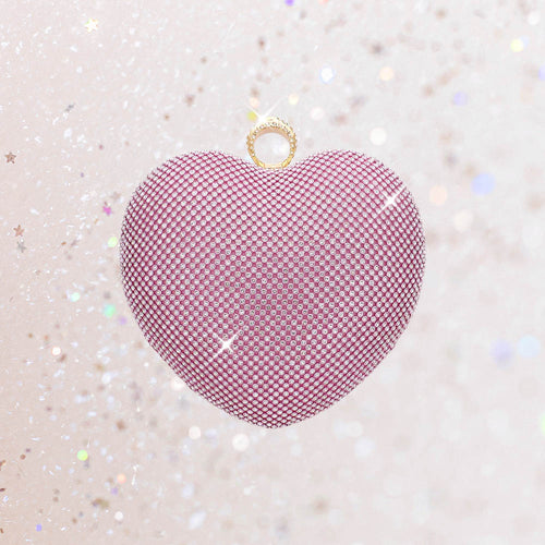 Rhinestone Embellished Heart Evening Clutch Crossbody Bag - Pink