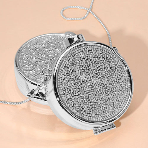 Bling Studded Round Compact Clutch Evening Bag / Crossbody Bag - Silver