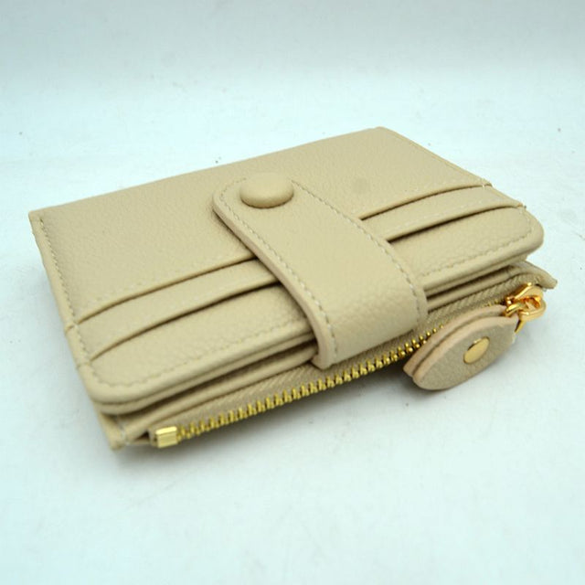 Pebbled Card Holder Wallet with Snap Button Strap and Zipper Pocket - Beige - Bags & Wallets