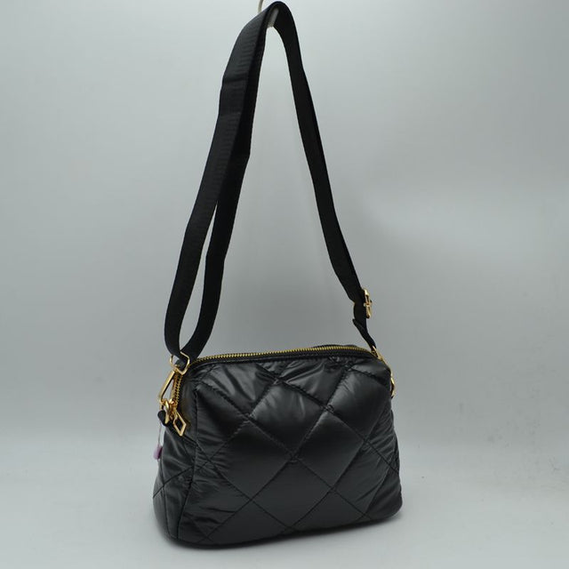 Quilted Puffer Crossbody Bag Shoulder Purse with Adjustable Strap - Black - Crossbody Bags