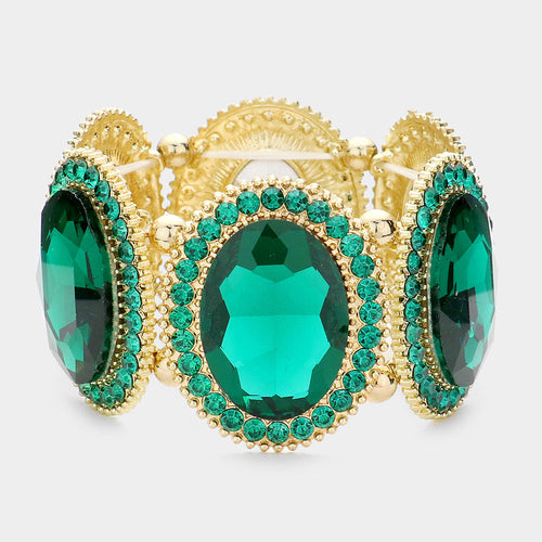 Pave Trim Crystal Oval Stone Stretch Evening Bracelet - Green