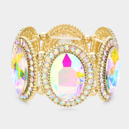 Pave Trim Crystal Oval Stone Stretch Evening Bracelet - AB, Gold