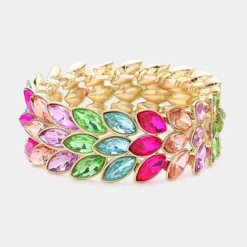 3Rows Marquise Stone Cluster Stretch Evening Bracelet - Gold, Multi