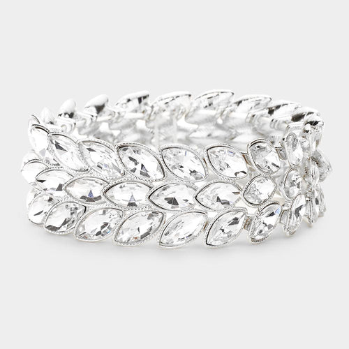 3Rows Marquise Stone Cluster Stretch Evening Bracelet - Silver