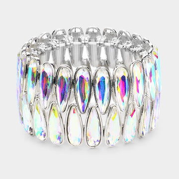 Madeline Love AB, Silver 2Rows Elongated Teardrop Stone Cluster Stretch Evening Bracelet - Bracelets
