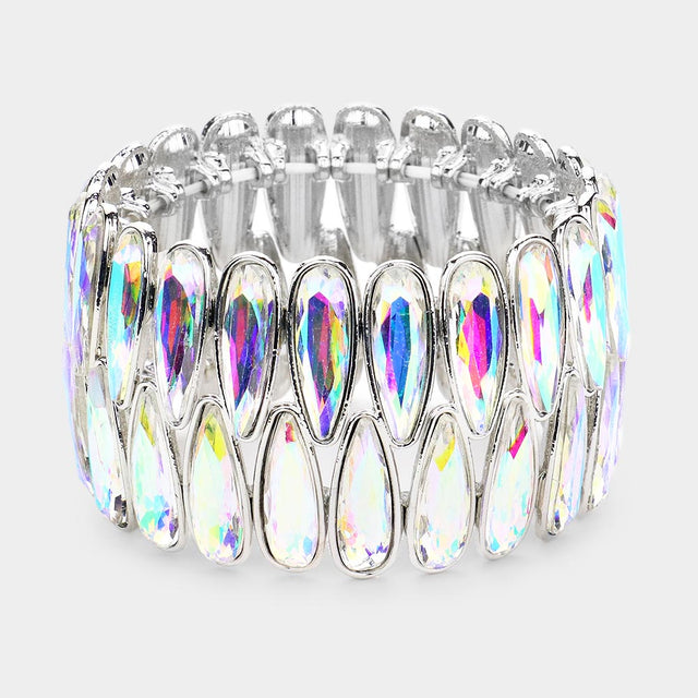 Madeline Love AB, Silver 2Rows Elongated Teardrop Stone Cluster Stretch Evening Bracelet - Bracelets
