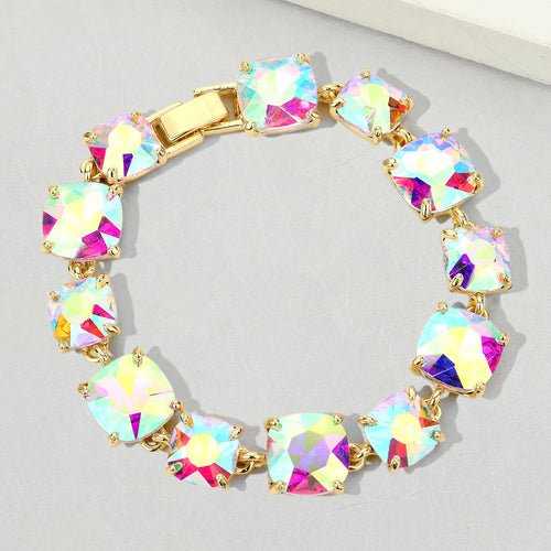 Cushion Square Stone Link Evening Bracelet - AB, Gold