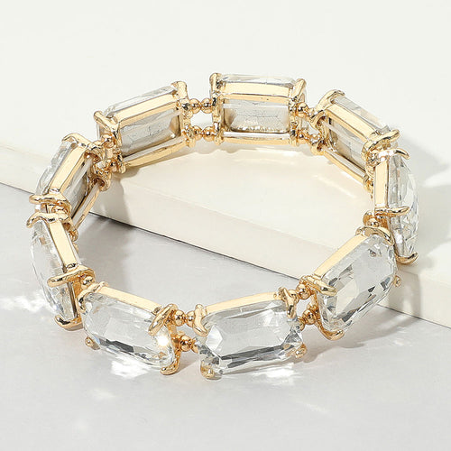 Women's Emerald Cut Stone Stretch Evening Bracelet 4th of July - Clear, Gold, Shiny