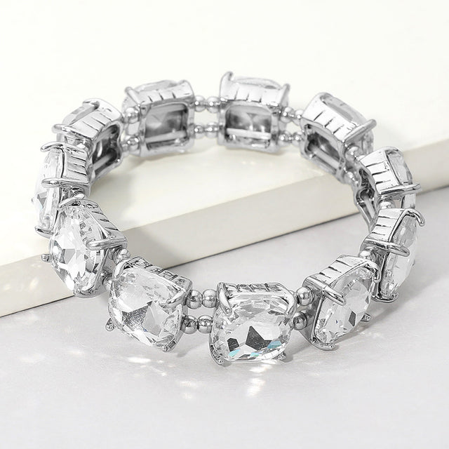 Madeline Love Antique Silver, Clear Cushion Square Stone Stretch Evening Bracelet