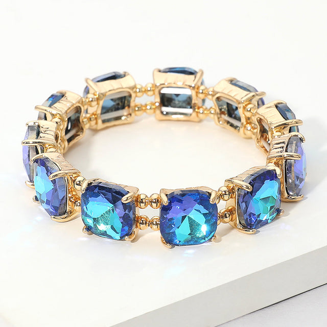 Madeline Love Blue, Gold Cushion Square Stone Stretch Evening Bracelet