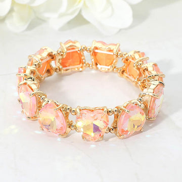 Madeline Love AB, Pink Heart Stone Cluster Beaded Stretch Evening Bracelet - Bracelets