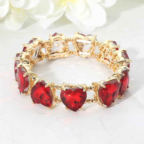 Women's Heart Stone Cluster Beaded Stretch Evening Bracelet - Gold, Red