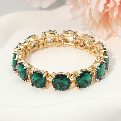 Women's Round Stone Cluster Beaded Stretch Evening Bracelet - Emerald, Gold