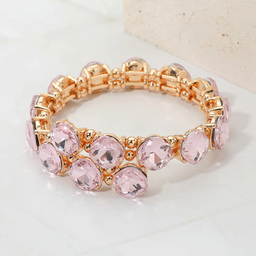 Madeline Love Gold, Pink Square Stone Cluster Link Adjustable Evening Bracelet - Bracelets