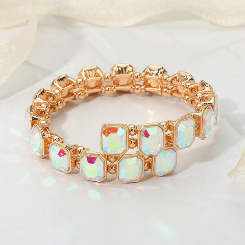 Rectangle Stone Cluster Link Adjustable Evening Bracelet - AB, Gold
