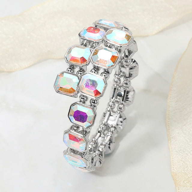 Madeline Love AB, Silver Rectangle Stone Cluster Link Adjustable Evening Bracelet - Bracelets